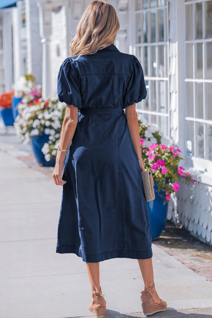 Sail Blue Full Buttons Collared Short Bubble Sleeve Long Denim Dress - Snoopy's Closet