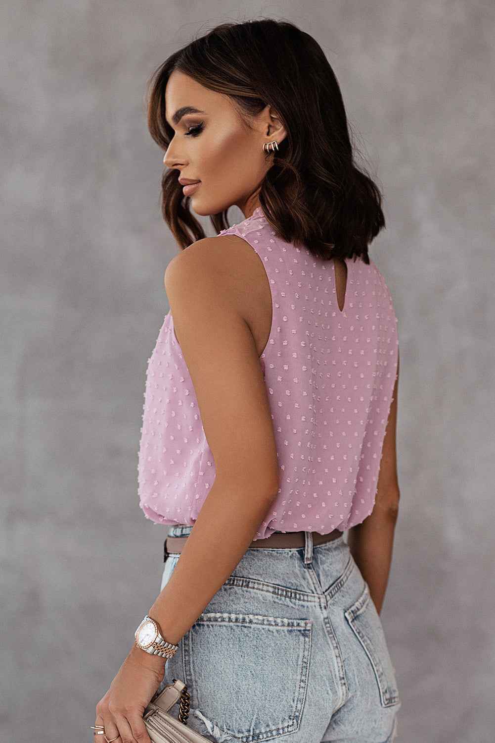 Pink Swiss Dot Sleeveless Ruffle Tank