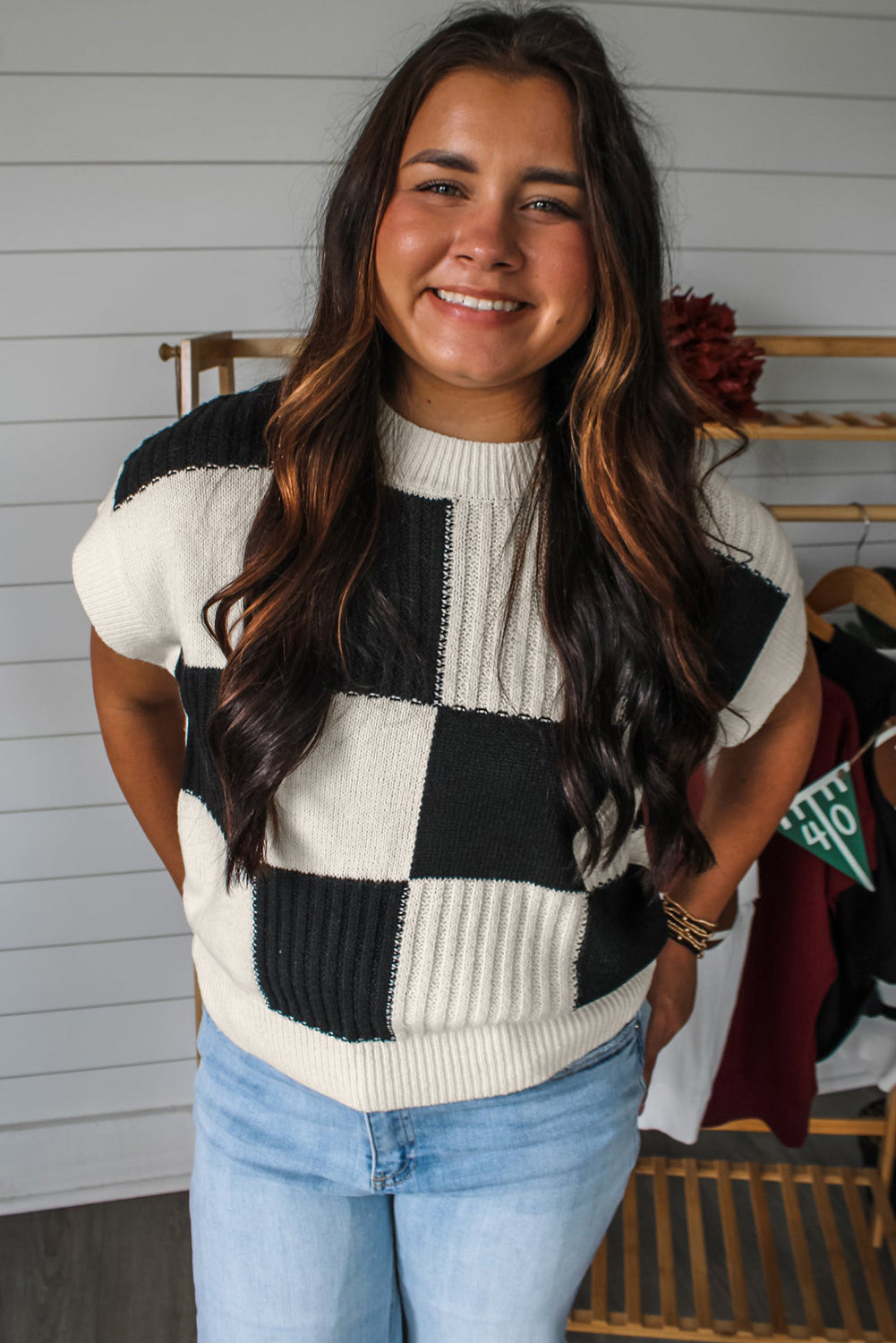 Light Blue Checkered Color Block Crew Neck Short Sleeve Sweater - Snoopy's Closet