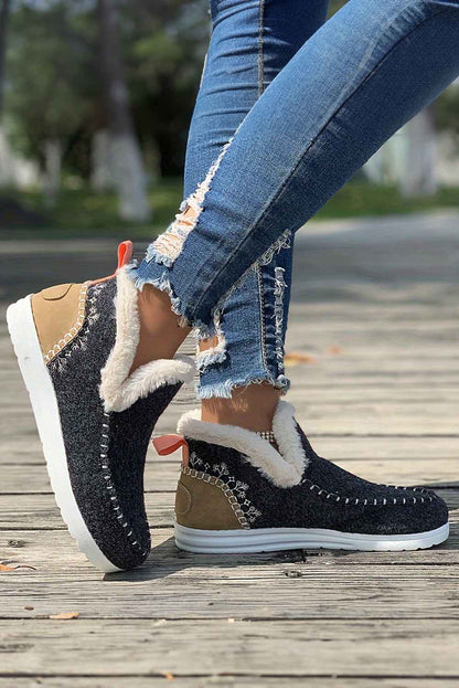 Coffee Suede Stitching Patchwork Plush Lined Anklet Boots