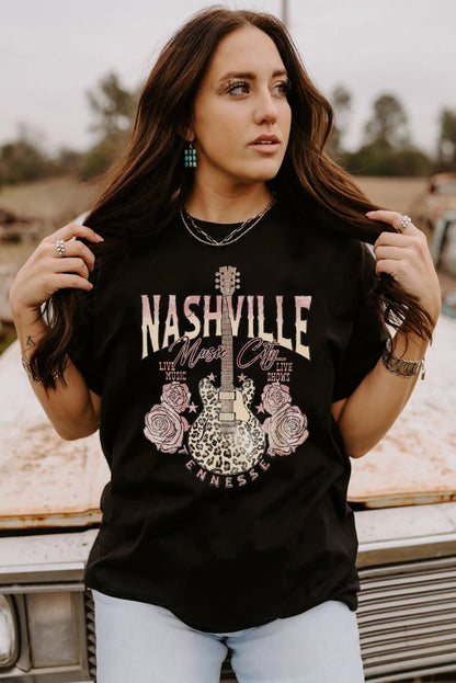 Camiseta negra con estampado de guitarra de leopardo Music City de Nashville