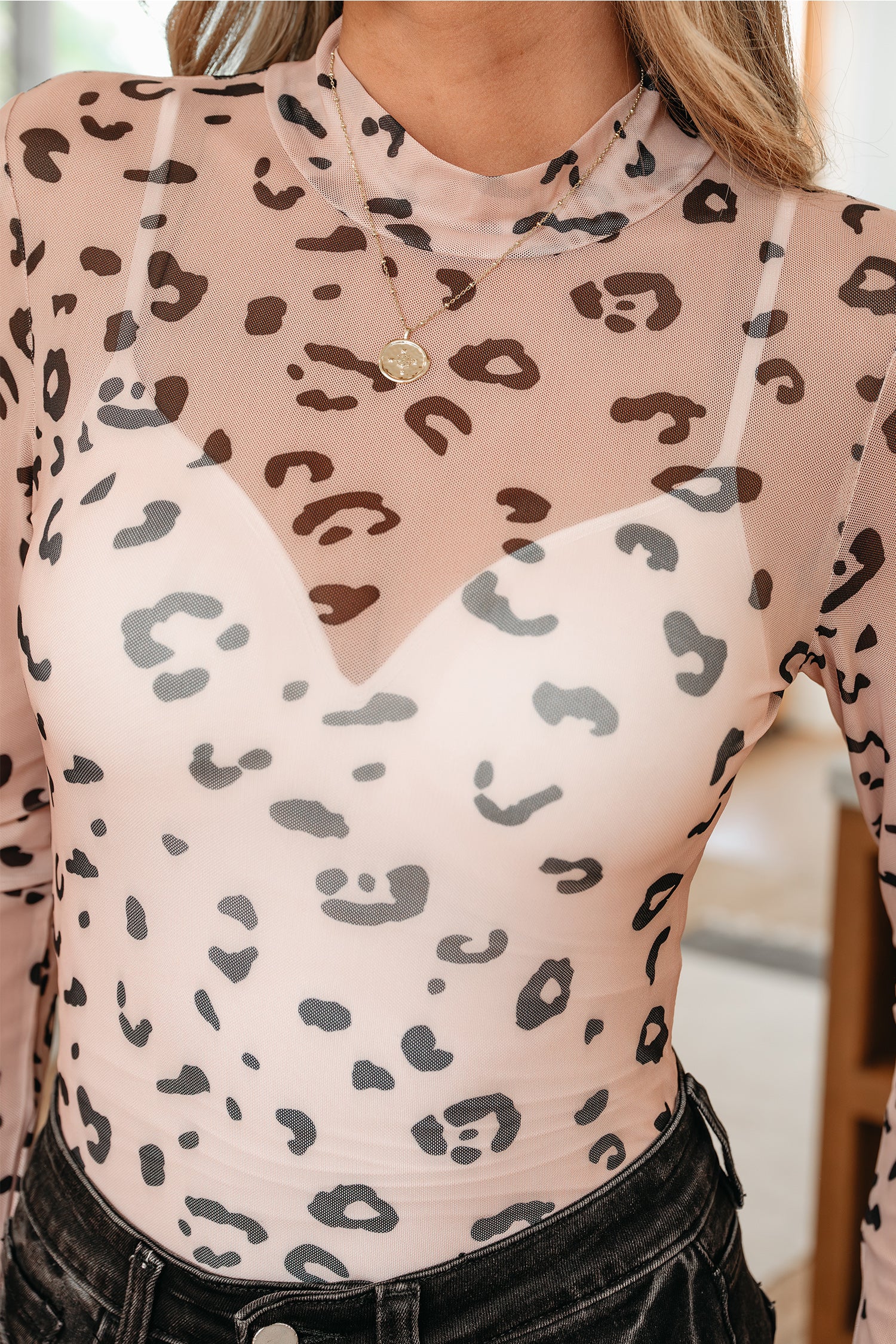 Khaki Mock Neck Sheer Mesh Leopard Long Sleeve Bodysuit - Snoopy's Closet