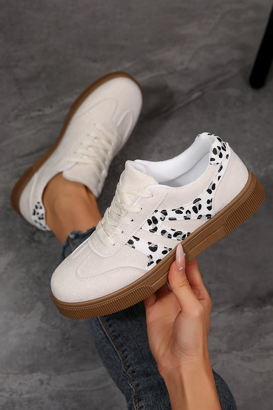 White Suede Leopard Color Block Trim Lace-up Casual Shoes - Snoopy's Closet