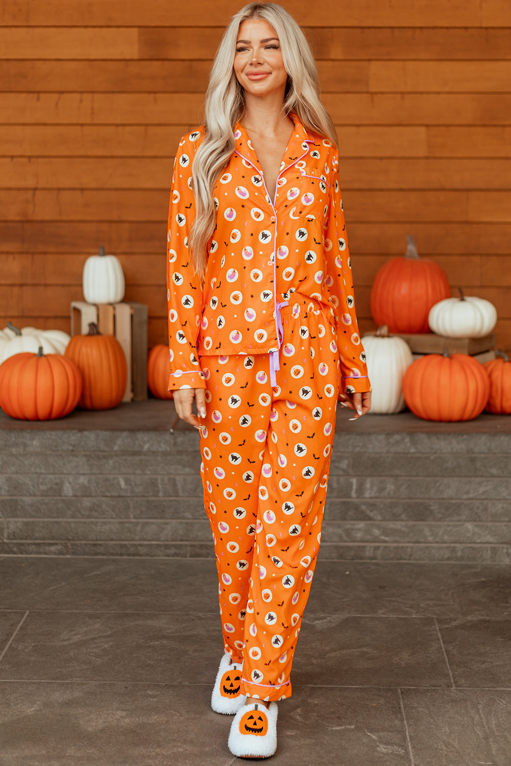 Orange Halloween Print Lapel Shirt Long 2pcs Pajama Set - Snoopy's Closet