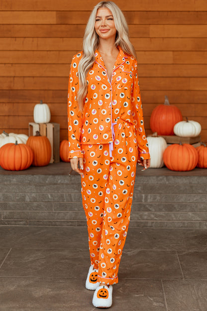 Orange Halloween Print Lapel Shirt Long 2pcs Pajama Set - Snoopy's Closet