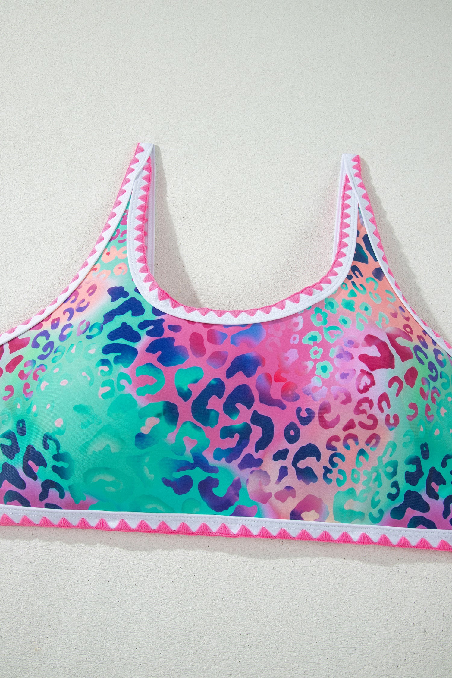 Pink Leopard Ricrac Trim Square Neck High Waist Bikinich - Snoopy's Closet