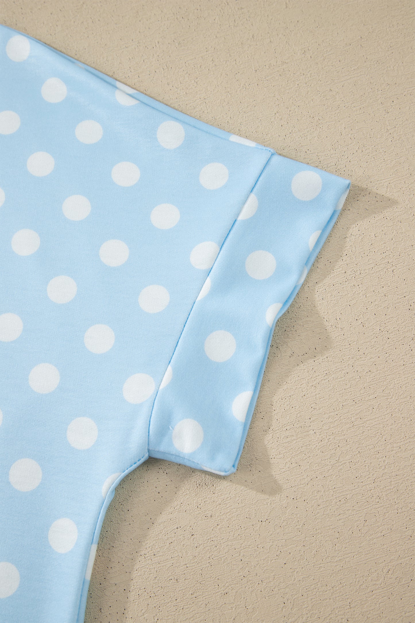 Sky Blue Polka Dot Print Color Block Trim Mock Neck Short Set - Snoopy's Closet