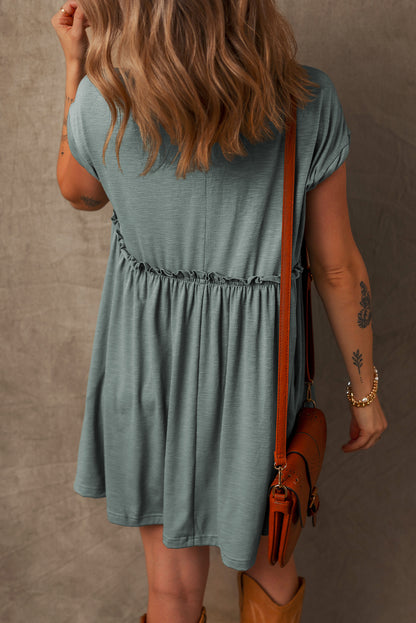 Mist Green Frilled Gathered Seam Round Neck T Shirt Dress - Snoopy's Closet