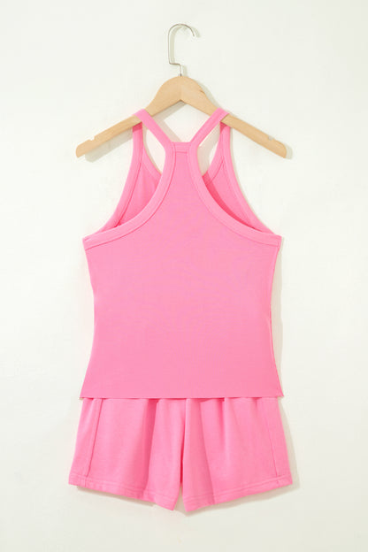 Conjunto de 2 piezas de top de tirantes finos rosa sachet y shorts elásticos de talle alto