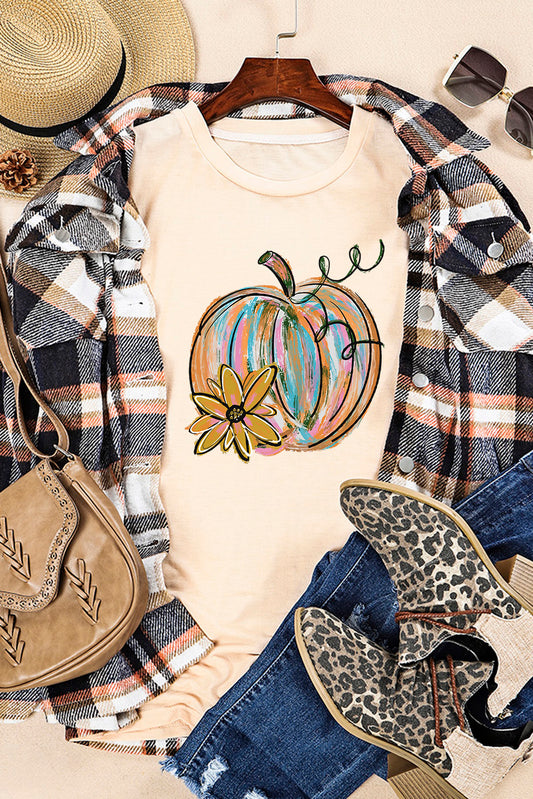 Camiseta color caqui con diseño de calabaza y flores