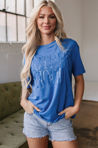 Sky Blue Vintage MOTHERHOOD Letter Graphic T Shirt - Snoopy's Closet
