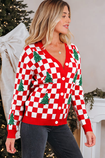 Suéter de punto cárdigan con cuello en V y estampado de árbol de Navidad a cuadros rojos