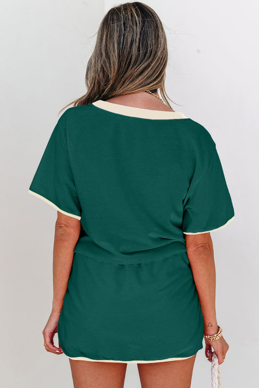 Conjunto de 2 piezas de camiseta con bloques de color y borde Evergreen con hombros caídos y falda pantalón