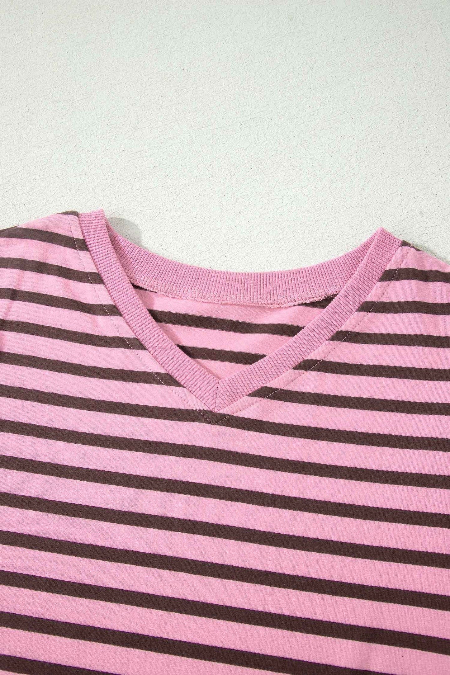 Rose Stripe Striped V-Neck Ribbed Collar Cuff Gathering Puff Sleeve Top