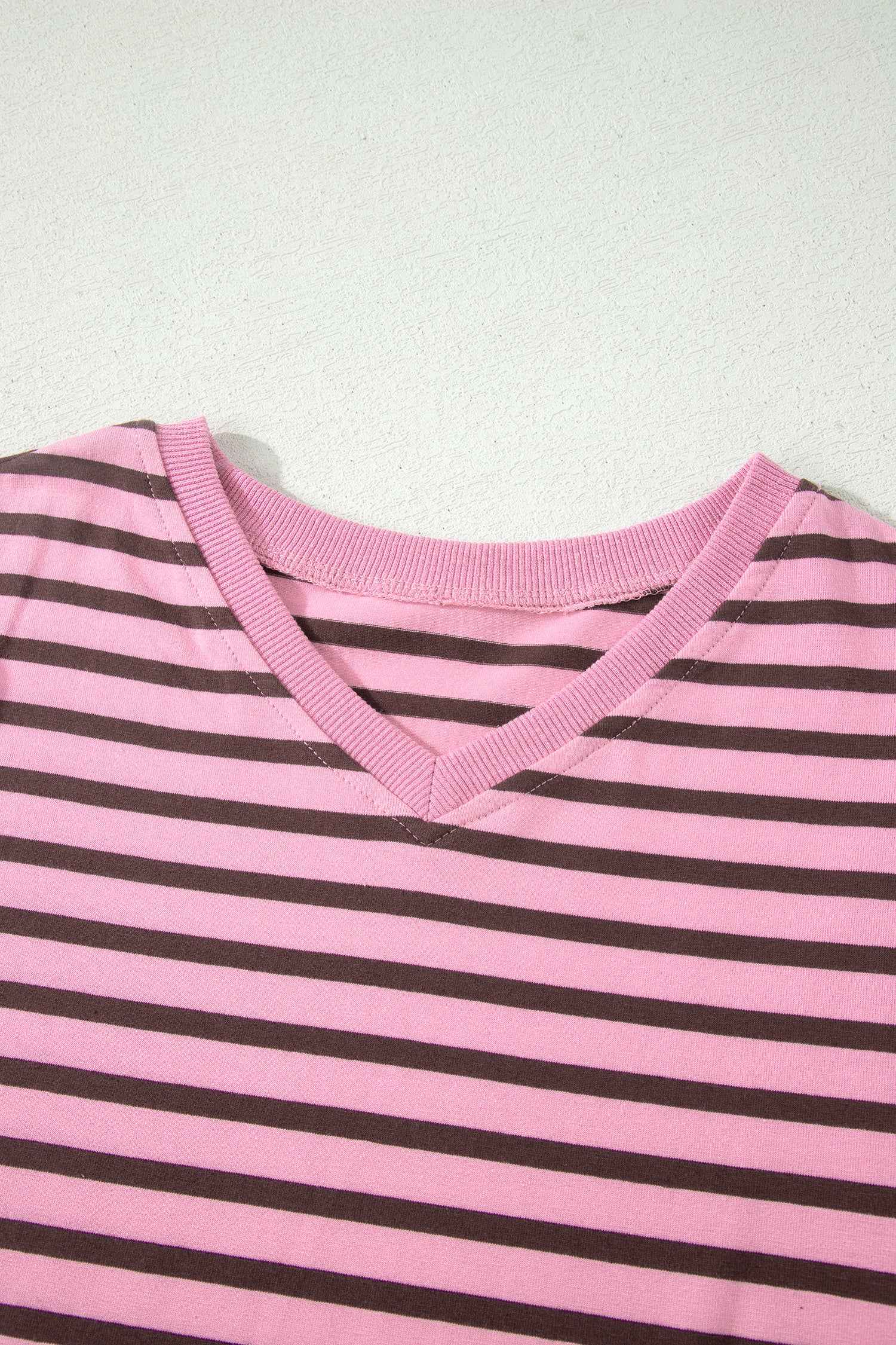 Rose Stripe Striped V-Neck Ribbed Collar Cuff Gathering Puff Sleeve Top