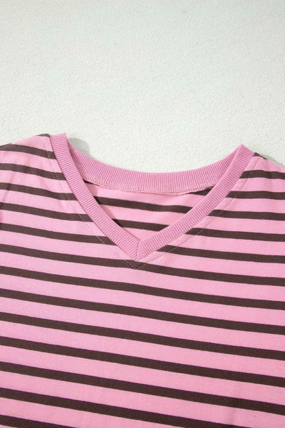 Rose Stripe Striped V-Neck Ribbed Collar Cuff Gathering Puff Sleeve Top
