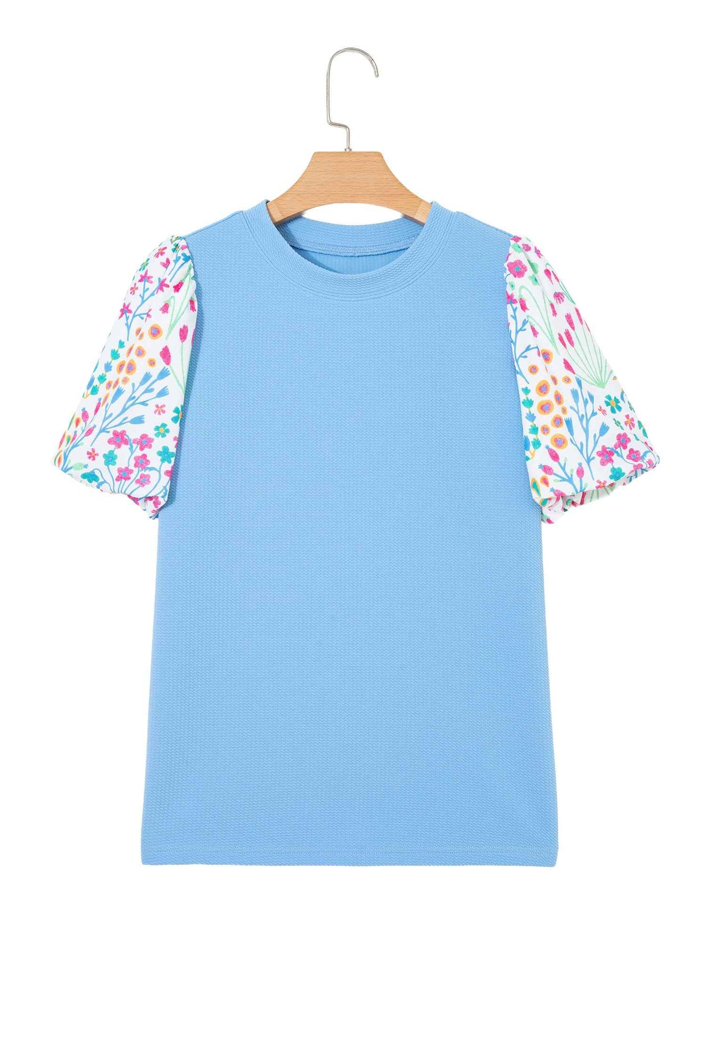 Pink Round Neck Textured Contrast Floral Bubble Sleeve Blouse