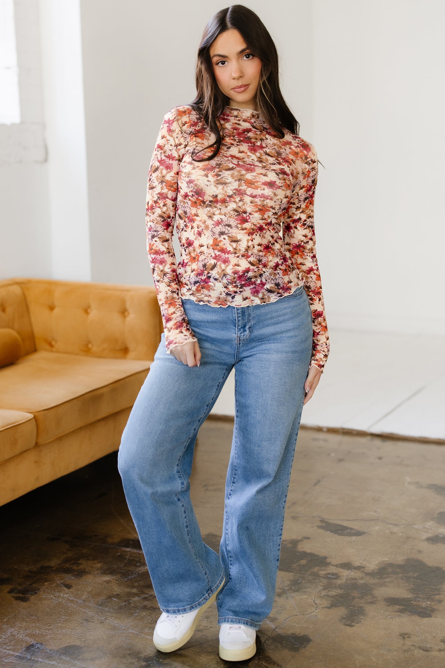 Red Lettuce Trim Floral Print Mesh Long Sleeve Top - Snoopy's Closet