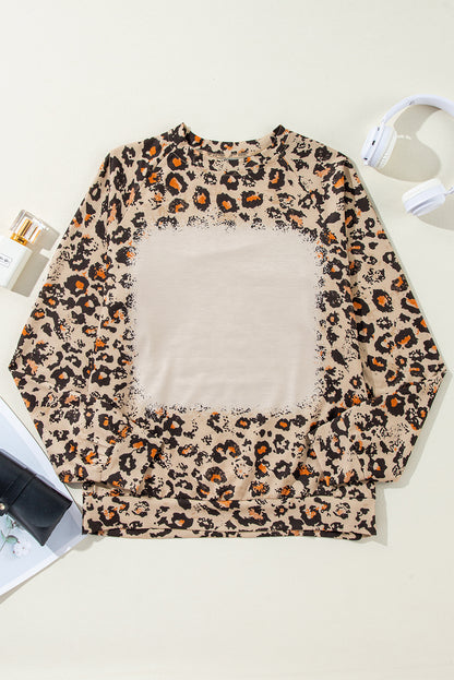 Brown Leopard Bleached Raglan Sleeve Pullover Sweatshirt - Snoopy's Closet