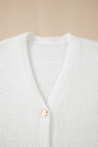 White Fuzzy Buttoned Front Midi Solid Cardigan - Snoopy's Closet
