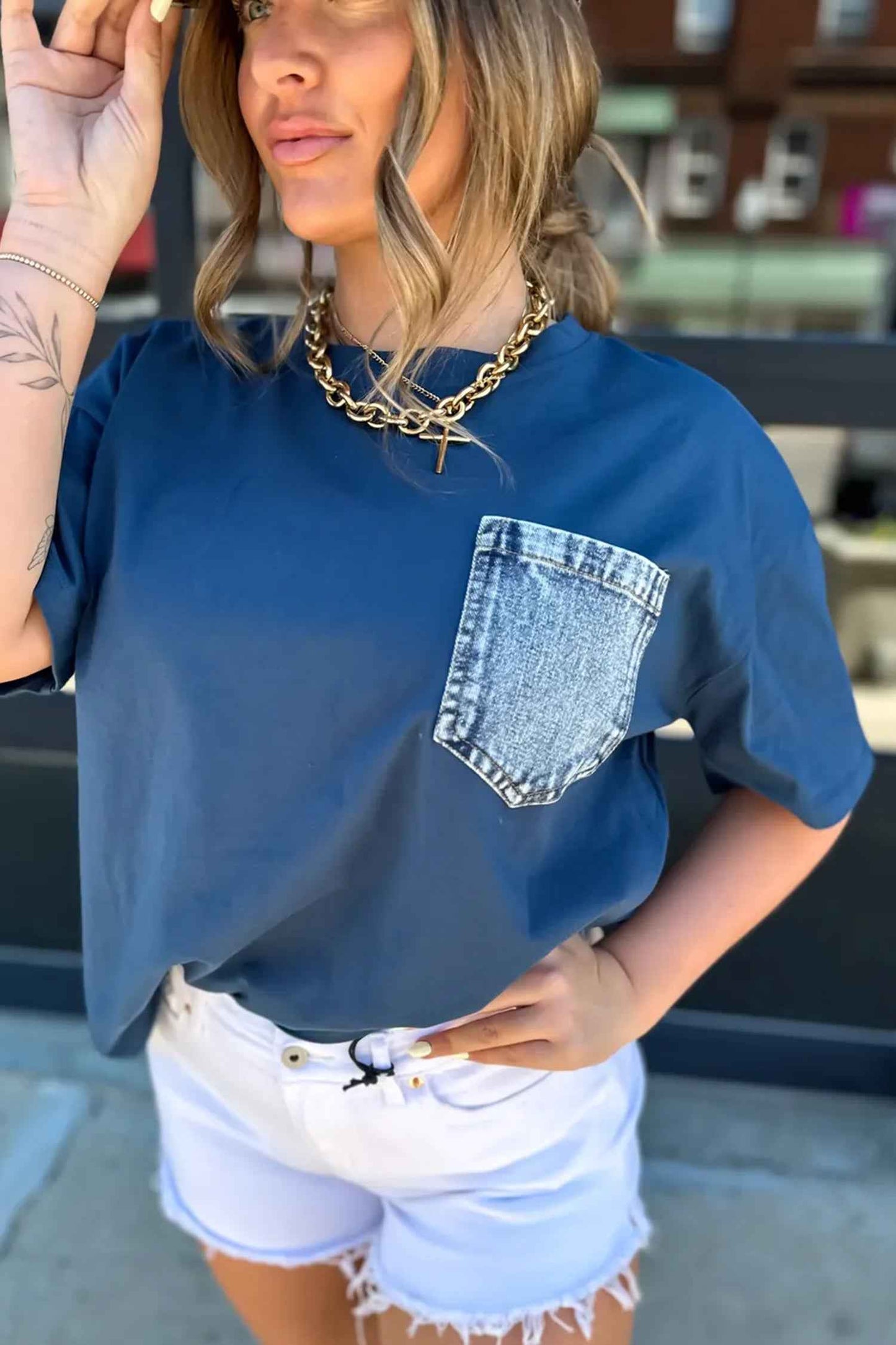 White Color Block Chest Pocket Patched Casual Short Sleeve Top