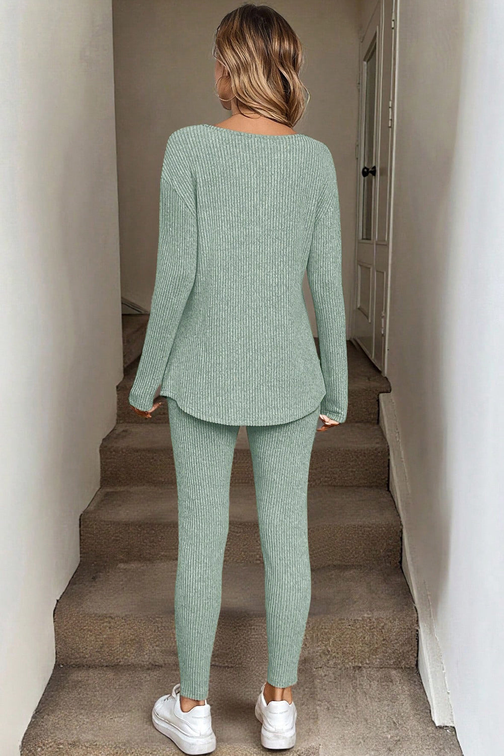 Grass Green Ribbed Notched Neck Knit Long Sleeve Leggings Two Pieces Lounge Set - Snoopy's Closet