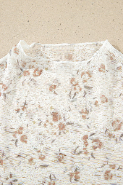 White Mock Neck Short Sleeve Floral Mesh Top - Snoopy's Closet