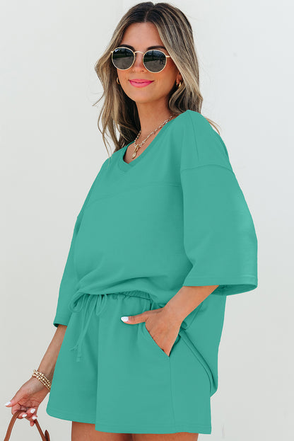 Meadow Mist Green Solid Loose V Neck Half Sleeve Tee and Shorts - Snoopy's Closet