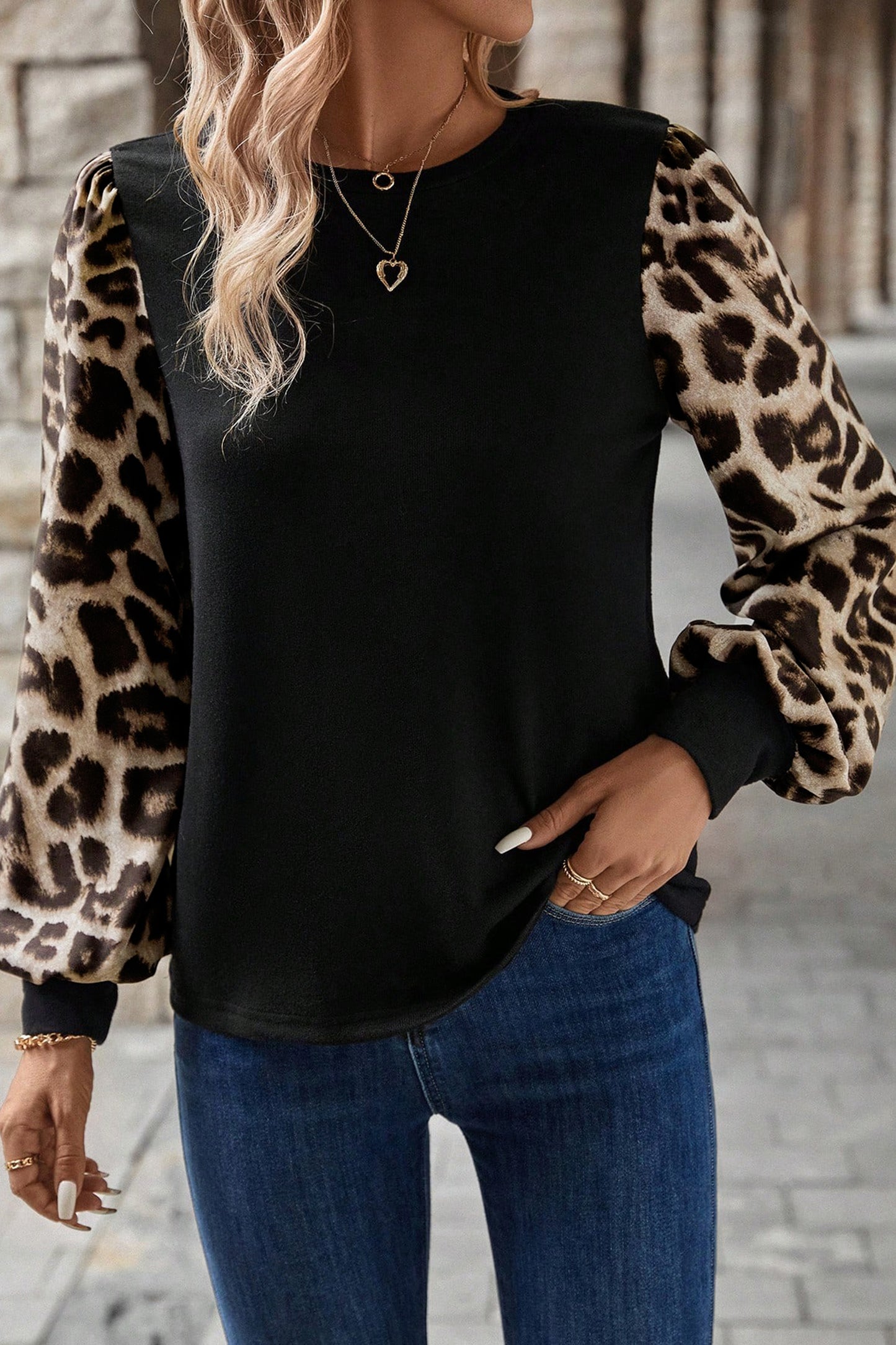 Khaki Leopard Puff Sleeve Patchwork Top - Snoopy's Closet
