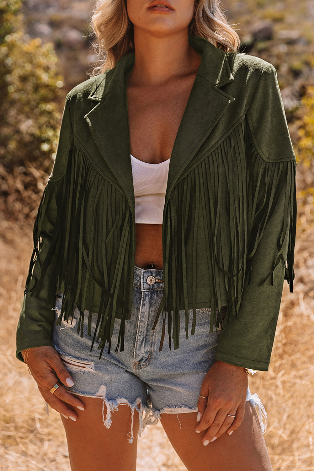 Chaqueta de ante sintético corta verde con flecos