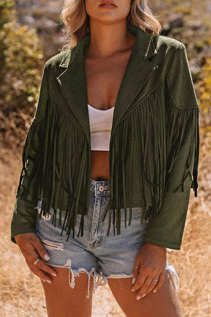 Chaqueta de ante sintético corta verde con flecos