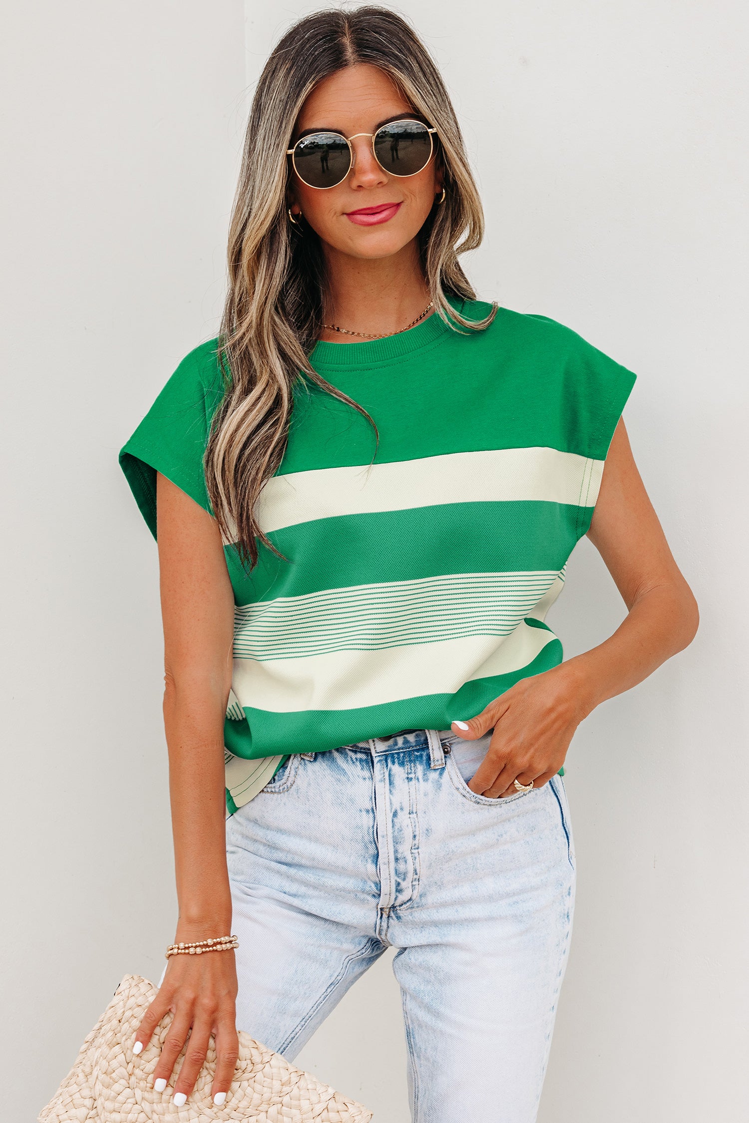 Green Stripe Mixed Print Crew Neck Cap Sleeve T Shirt - Snoopy's Closet