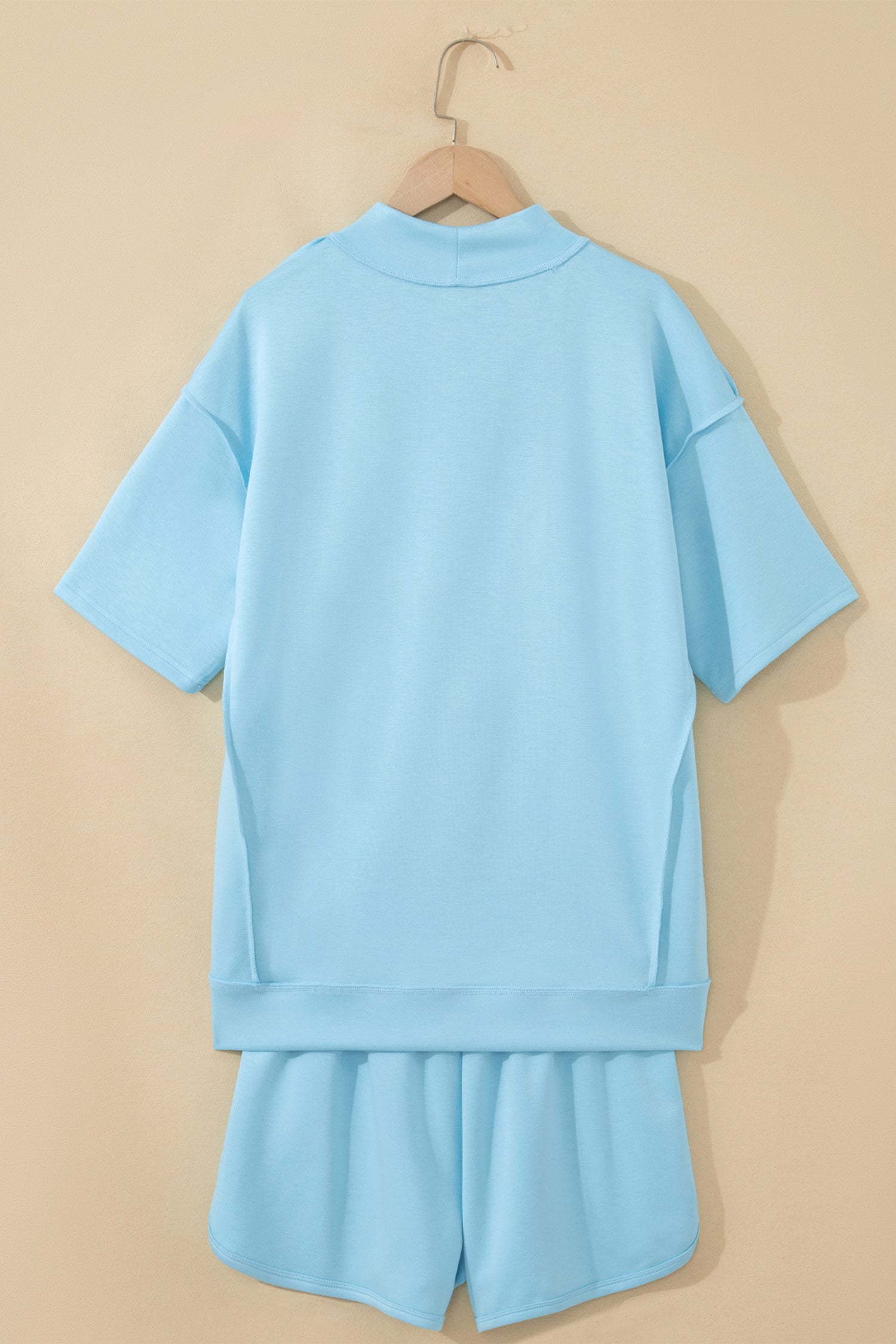 Moonlight Jade Solid Color Exposed Seam Mock Neck Oversize Tee Casual Shorts 2pcs Outfit - Snoopy's Closet