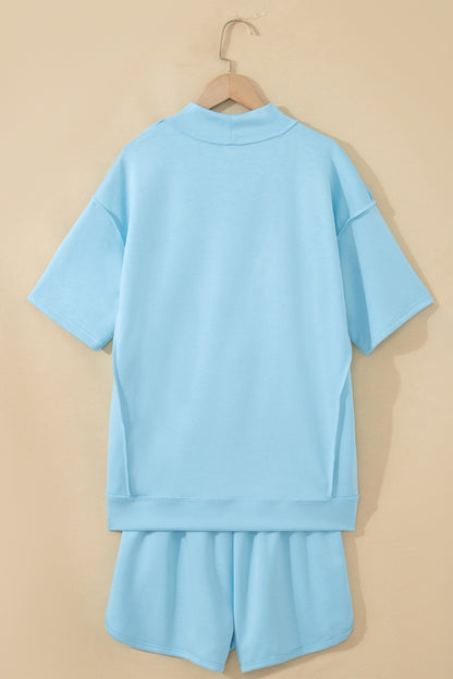 Moonlight Jade Solid Color Exposed Seam Mock Neck Oversize Tee Casual Shorts 2pcs Outfit - Snoopy's Closet