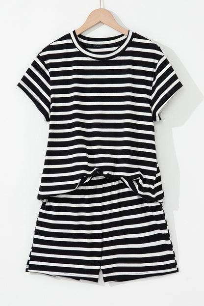 Black White Striped Short Sleeve Top and Shorts Set - Snoopy's Closet