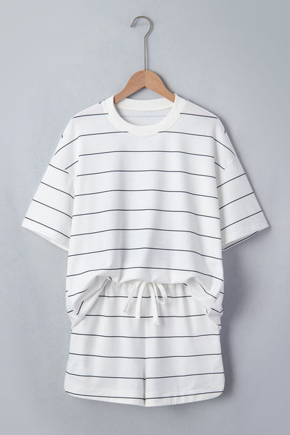 White Stripe Half Sleeve Tee Drawstring Shorts 2pcs Set