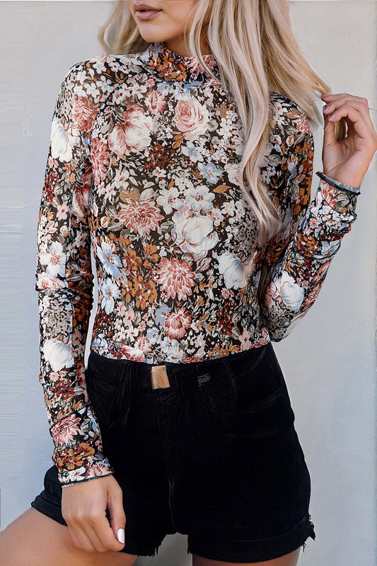 Brown Floral Long Sleeve High Neck Sheath Mesh Blouse - Snoopy's Closet