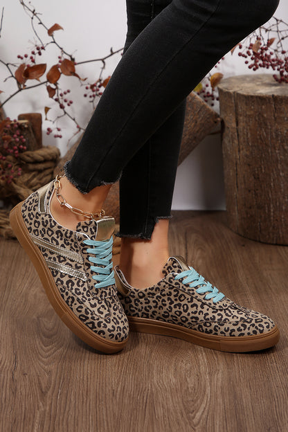 Coffee Faux Suede Leopard Print Sleek PU Leather Detail Lace Up Sneakers - Snoopy's Closet