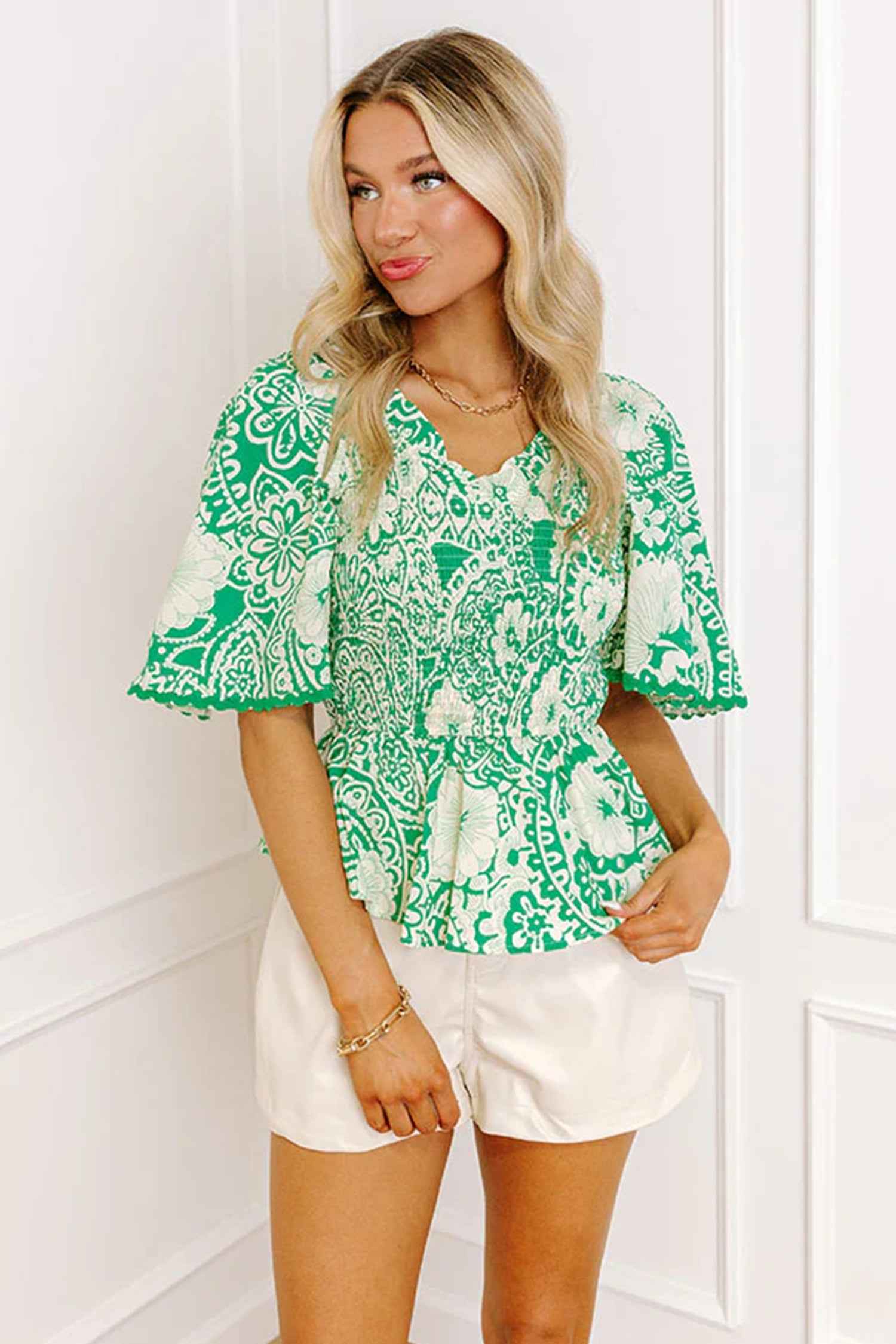 Green Flirty Floral Smocked V Neck Blouse