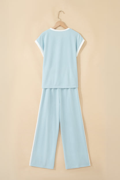 Mist Blue Contrast Trim Round Neck Pocketed Boxy Tank Top Wide Leg Pant Set - Snoopy's Closet