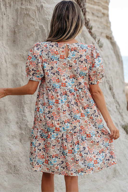 Apricot Bohemian Floral Print Short Puff Sleeve Mini Dress - Snoopy's Closet