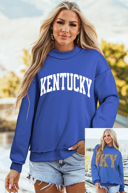 Dark Blue KENTUCKY Leopard KY Letter Print Reversible High Neck Sweatshirt - Snoopy's Closet