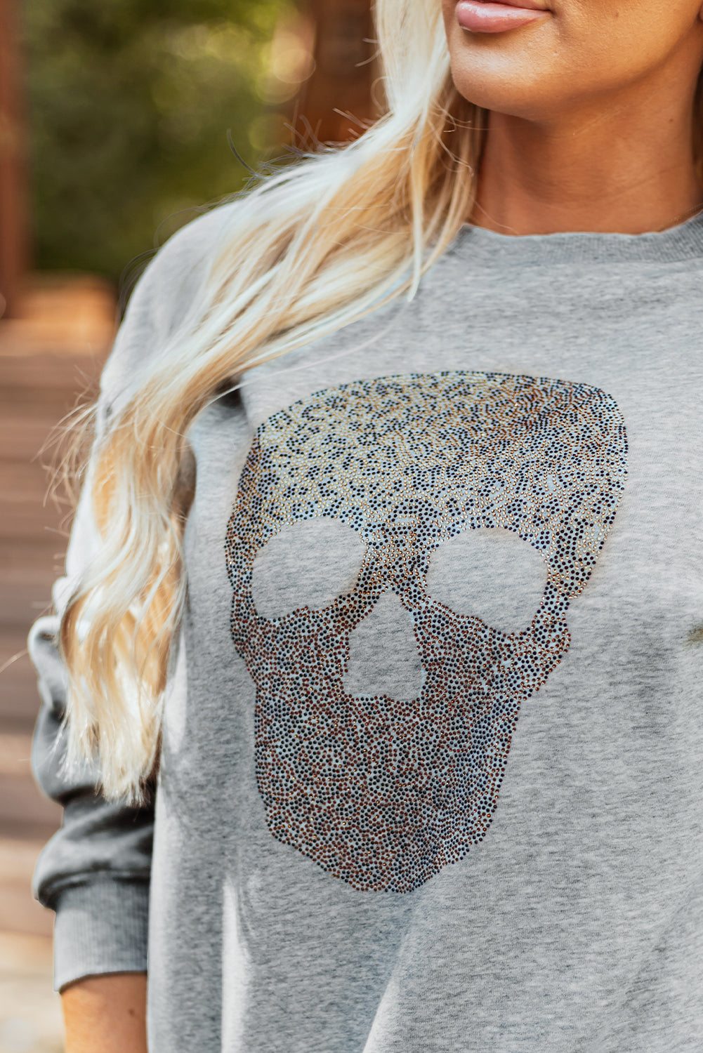 Light Grey Rhinestone Skull Graphic Drop Shoulder Sweatshirt - Snoopy's Closet