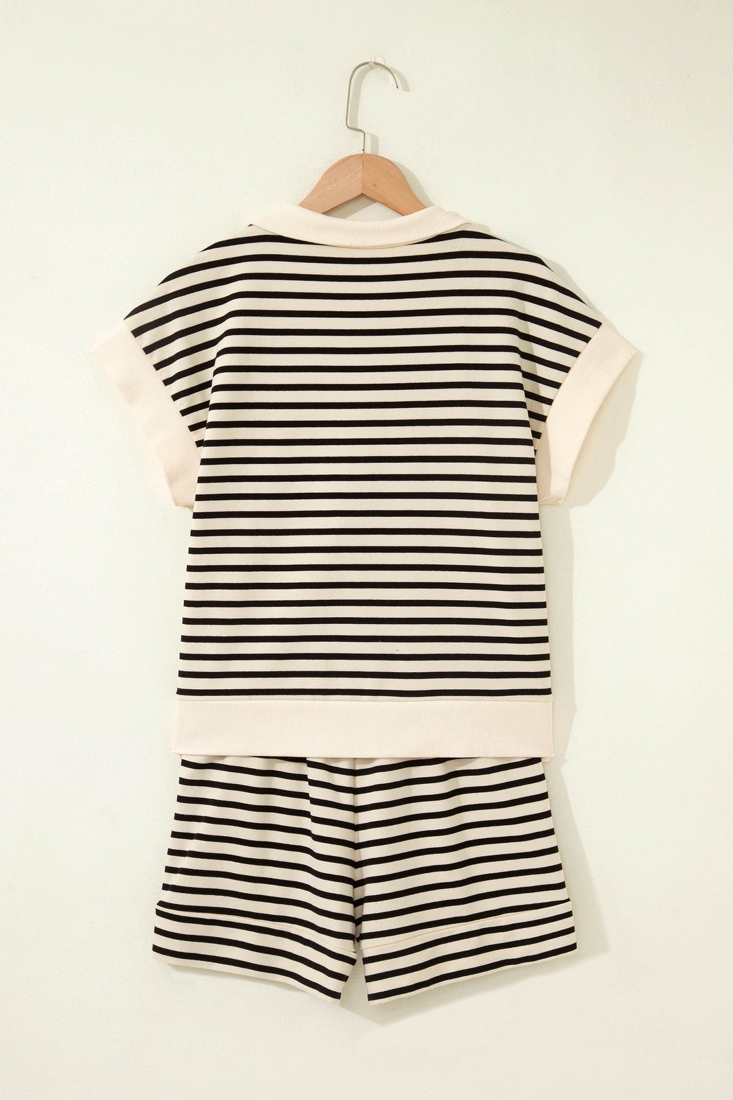 Black Stripe Ribbed Color Block Trim Zip Polo Tee Drawstring Shorts 2pcs Outfit - Snoopy's Closet