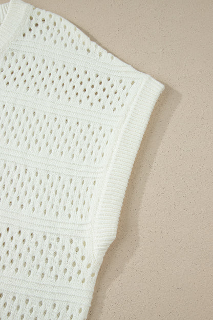 Suéter dolman blanco de manga corta con ojales calados y ribete acanalado, talla grande