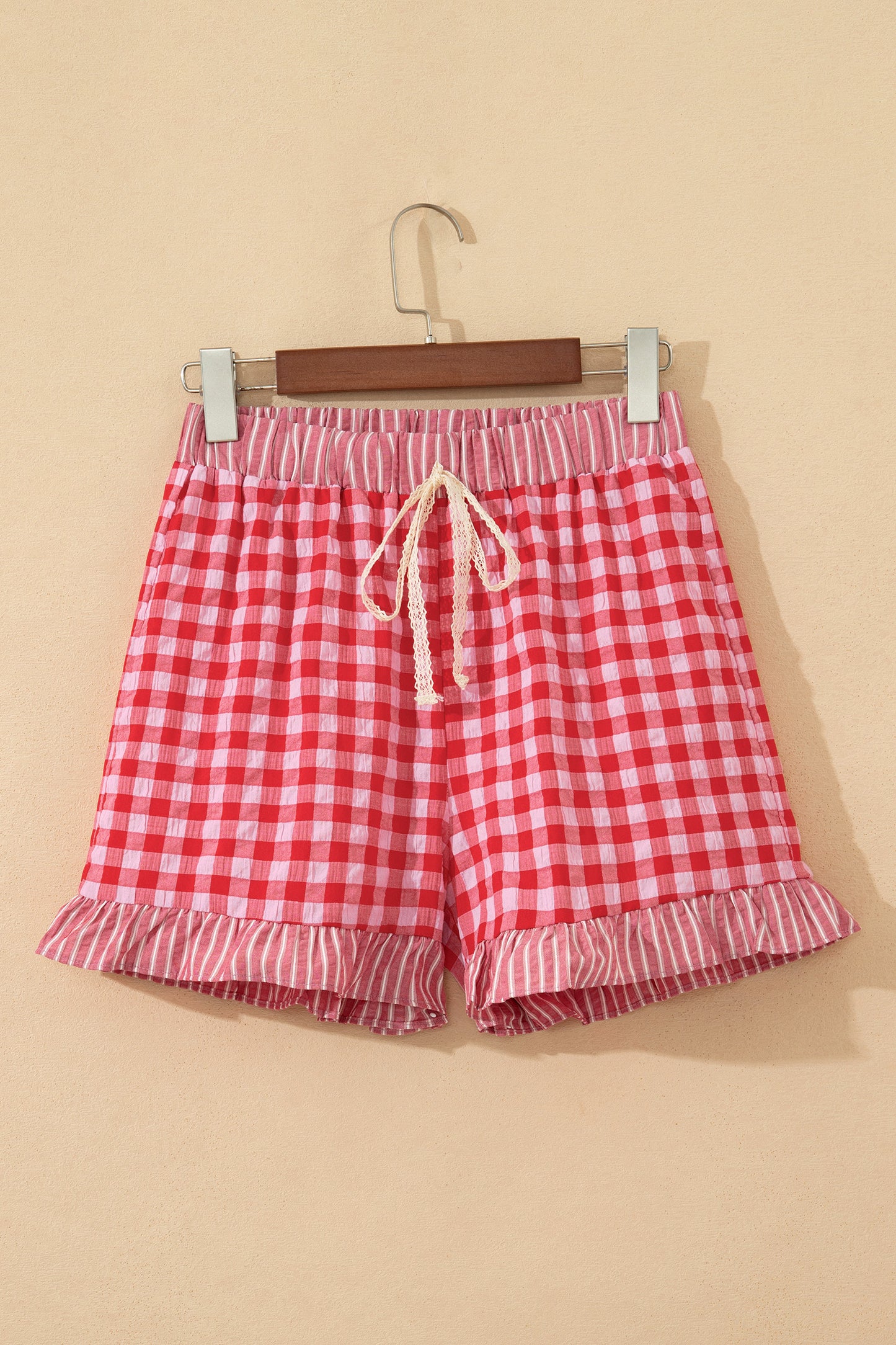 Red Gingham Print Ruffle Striped Detail Lace Tie Shorts - Snoopy's Closet
