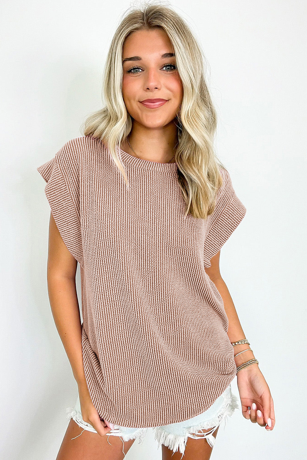 Dark Khaki Twisted Rib Wide Sleeve Crew Neck T Shirt - Snoopy's Closet
