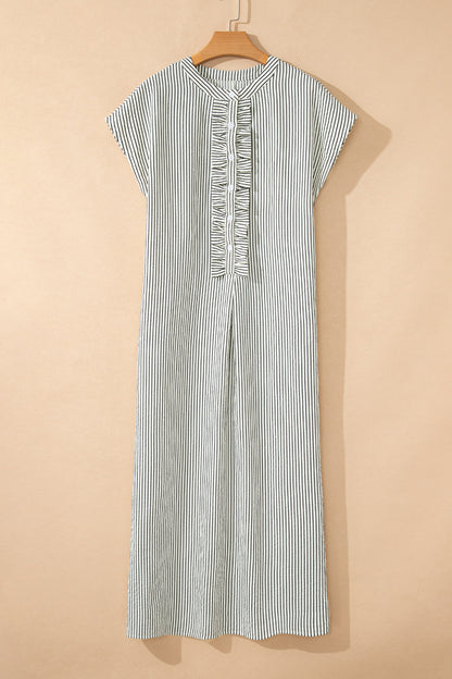 Vestido largo de manga corta con volantes y botones hasta la mitad, de rayas negras