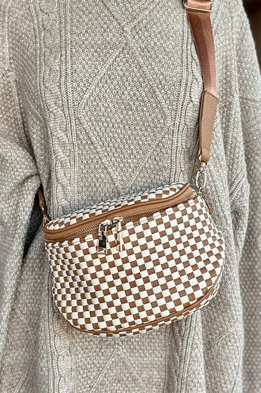 Straw Yellow Checkerboard Woven Zip Crossbody Bag - Snoopy's Closet