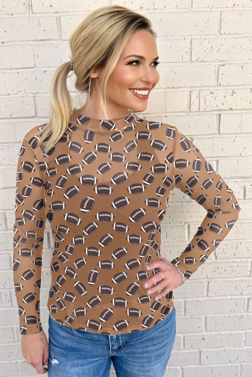 Brown Game Day Rugby Mesh Sheer Long Sleeve Top - Snoopy's Closet